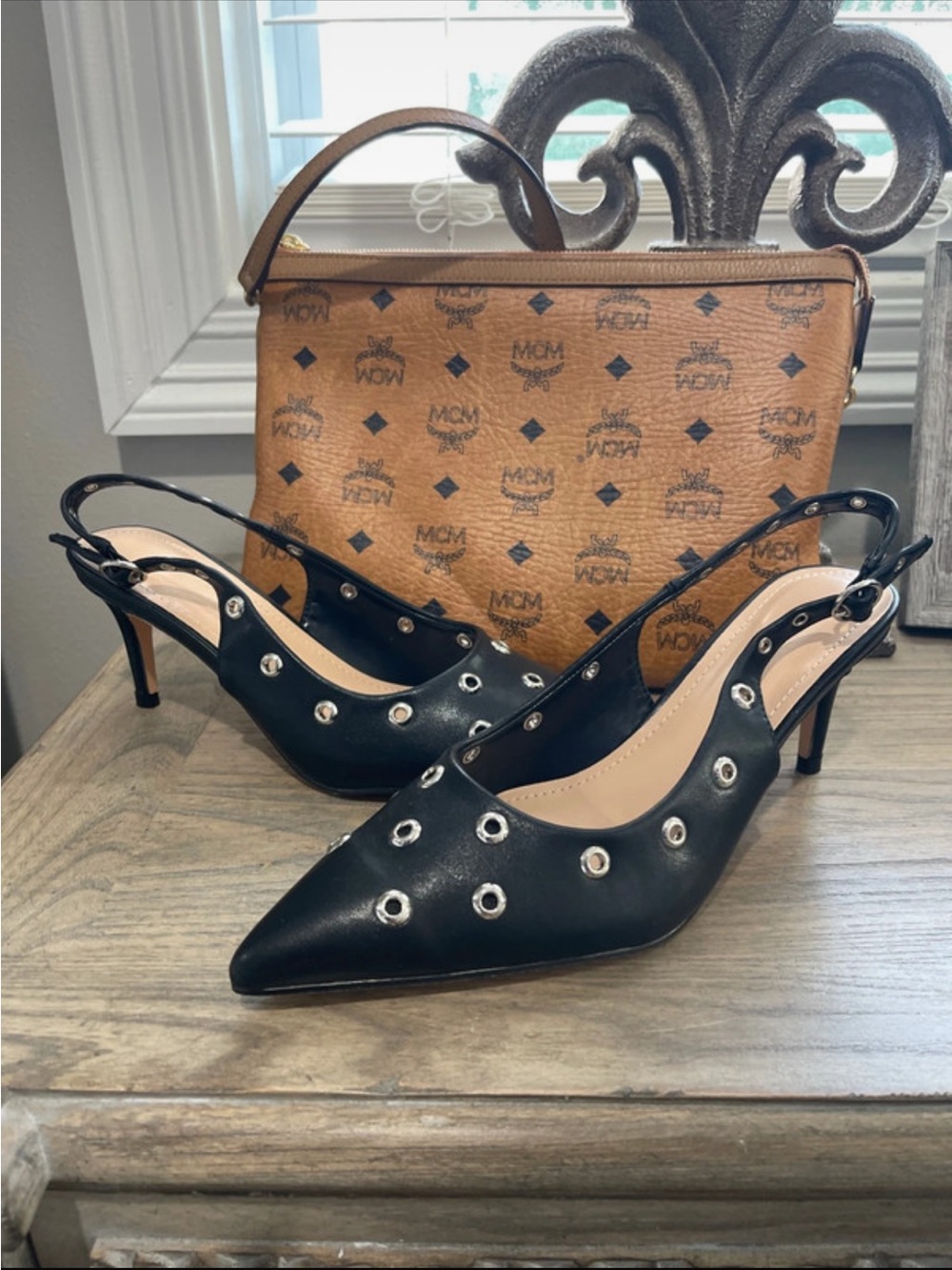 Black Studded Slingback Kitten Heel Pumps